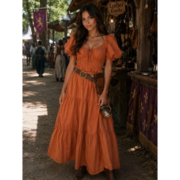 Skies Are Blue Dresses & Skirts - Skies Are Blue 100% Cotton Orange Puff‑Sleeve Tiered Midi Ren Faire Summer Dress